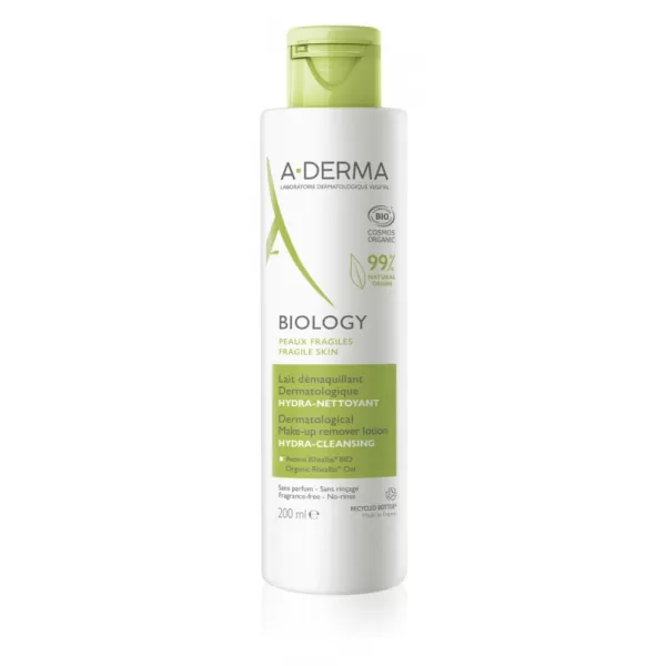 A-Derma BIOLOGY Dermatologické odličovací mléko HYDRATAČNÍ-ČISTICÍ 200 ml